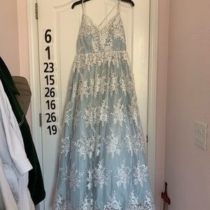 Light blue and white lace prom dress